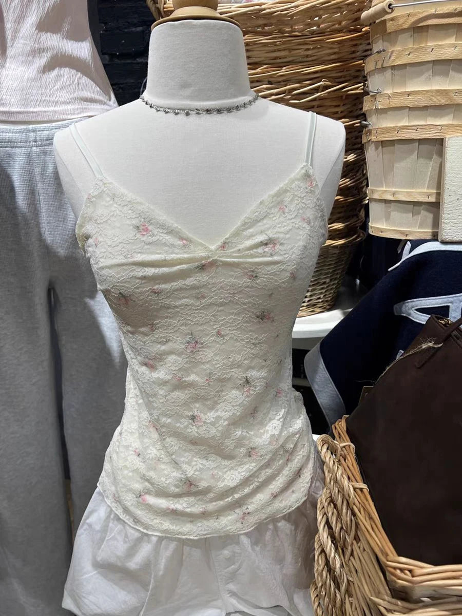 Hnewly  Pink Floral Lace Embroidery Slim Tank Tops Woman Summer Folds V-neck Cotton Camisole Female Sweet Cute Mesh Crop Top New Vest