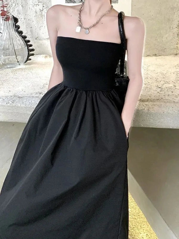 Hnewly Dresses Women Design Simple Elegant Strapless Charming Streetwear Classic Solid Prevalent Vacation Ladies A-line European Style