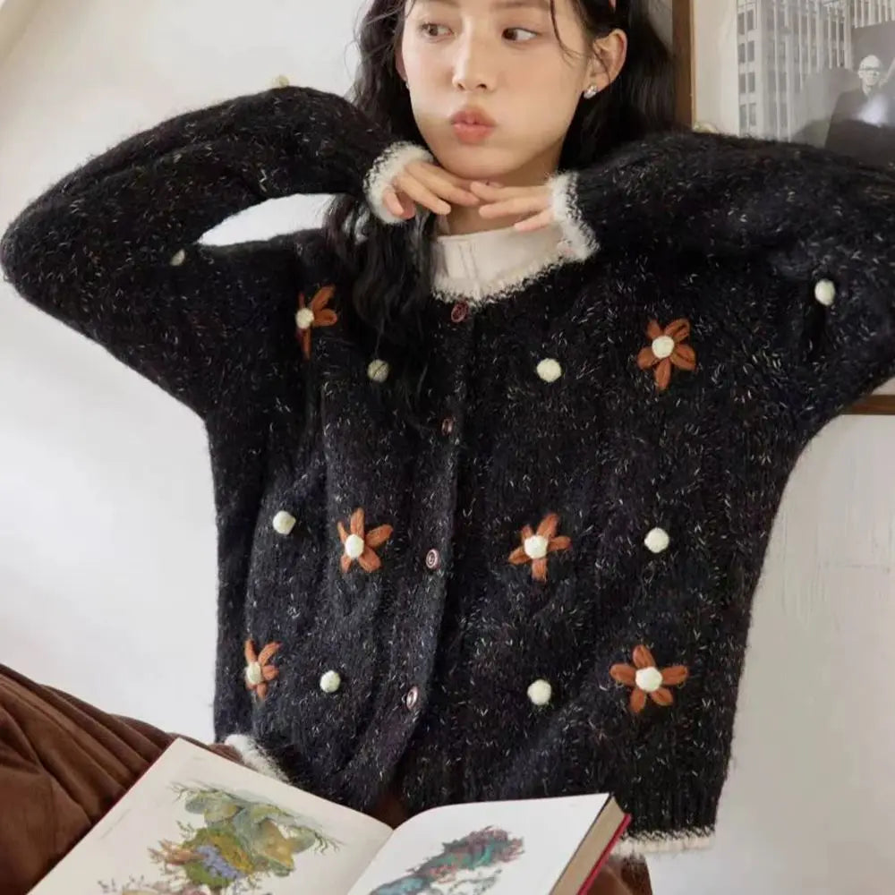 Hnewly  Flower Embroidery Knitted Sweater Cardigan 2025 Spring Autumn Soft Single-breasted Top Women Korean Style Loose Long Sleeve Coat