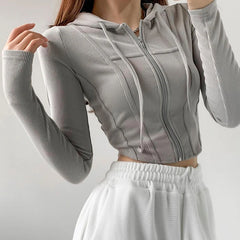 Hnewly Thin Hooded Cardigan Women Korean Vintage Slim Summer Solid Sports Jacket Vertical Pit Stripe Zipper Female Sexy Cropped Tops