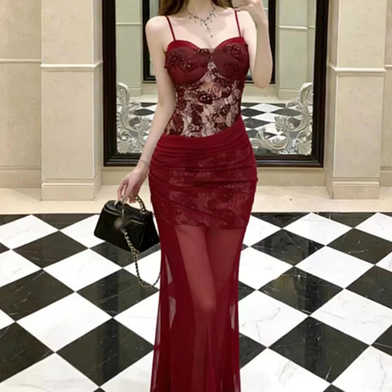 Hnewly  Pure Desire Lace High Waist Corset Strap Dress Summer New Women's Fashion Long Sleeveless Bodycon Gown  Dress