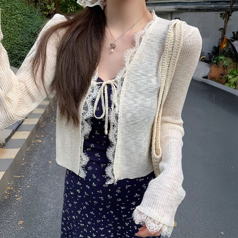 Hnewly  Lace Trim Tie Up Knit Top for Women Sheer Knitted Crop Cardigan Long Sleeve Open Jacket Teen-girl Y2K Sweetgirl Cute Outfit