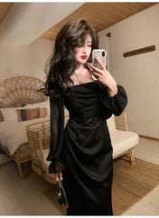 Hnewly Autumn Solid Elegant Fairy Dresses Women Casual Party Fashion Korean One Piece Dress Female Lace Vintage Chic Midi Dresses