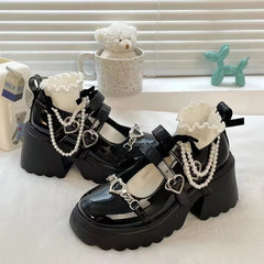 Hnewly Sweet Heart-Shaped Buckle Lolita Shoes Women Patent Leather Platform Mary Janes Woman Metal Decoration Chunky Heels Pumps