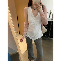 Hnewly  Gray French Pleated V-neck Tank Top Women's Slimming Summer New Style Sleeveless Street Fashion Outerwear