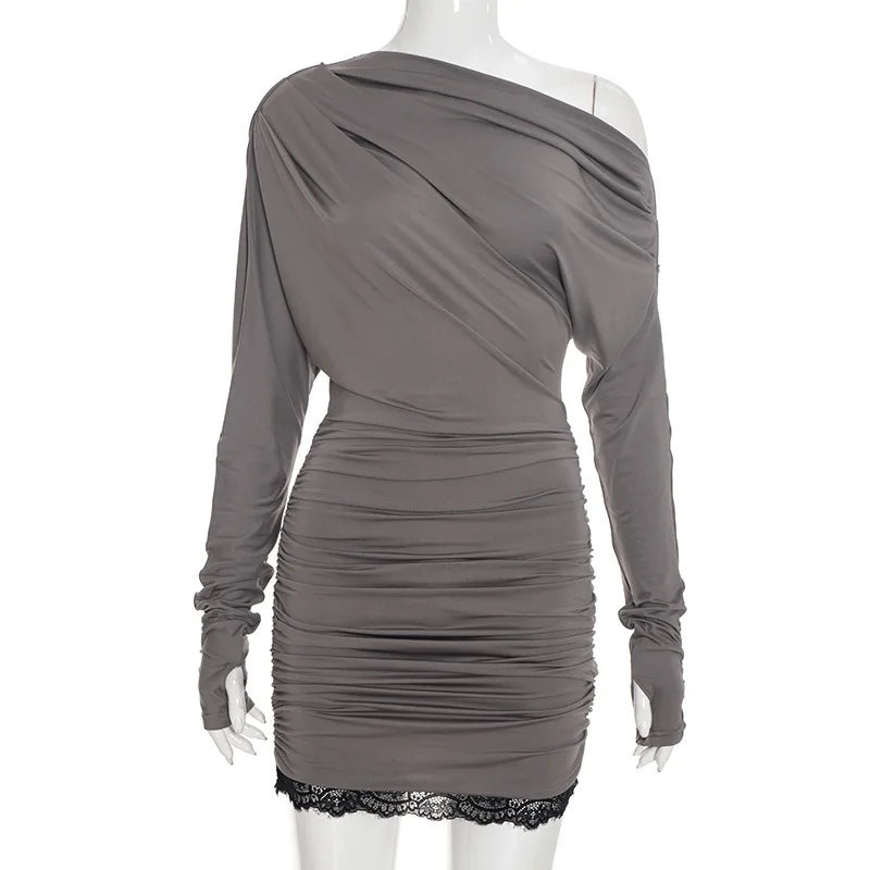 Hnewly  Streetwear Sexy Lace Patchwork Dresses Y2k Aesthetic Skew Collar Bodycon Pleated Vestidos Harajuku Vintage Grunge Woman Dress