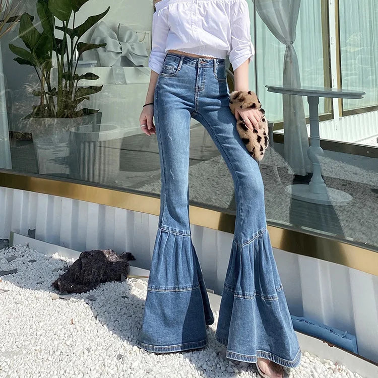 Hnewly  Women's Vintage High Waist Flare Jeans Spring Autumn Light Wash Denim Trousers Loose Splicing Wide Leg Pants