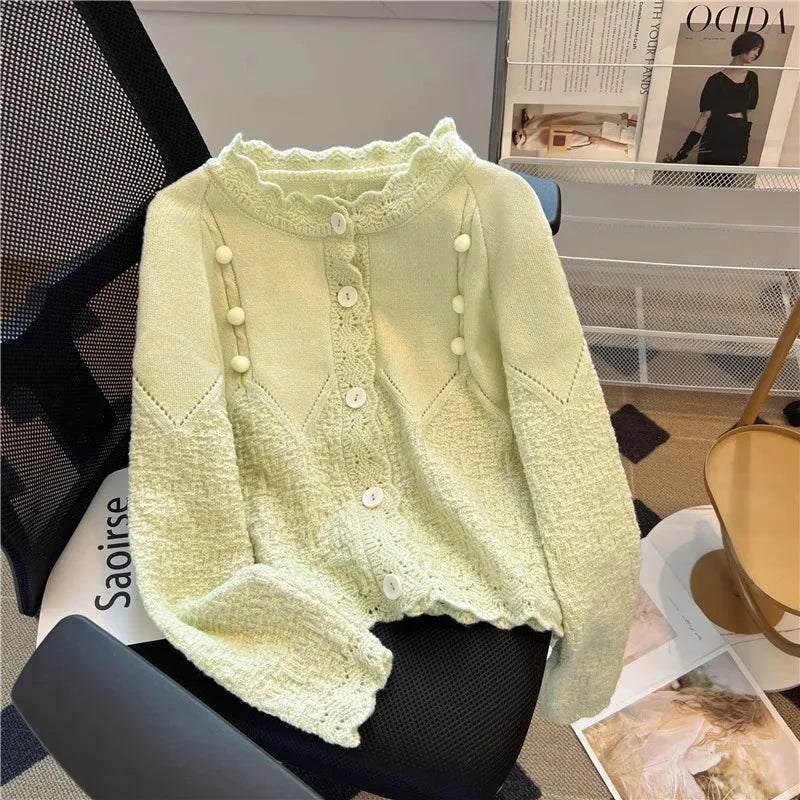 Hnewly  Korean Sweater Cardigan Women's Spring Autumn 2025 Versatile Soft Knitted Jacket Elegant Lace Single Breasted Long Sleeved Top