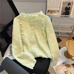 Hnewly  Korean Sweater Cardigan Women's Spring Autumn 2025 Versatile Soft Knitted Jacket Elegant Lace Single Breasted Long Sleeved Top