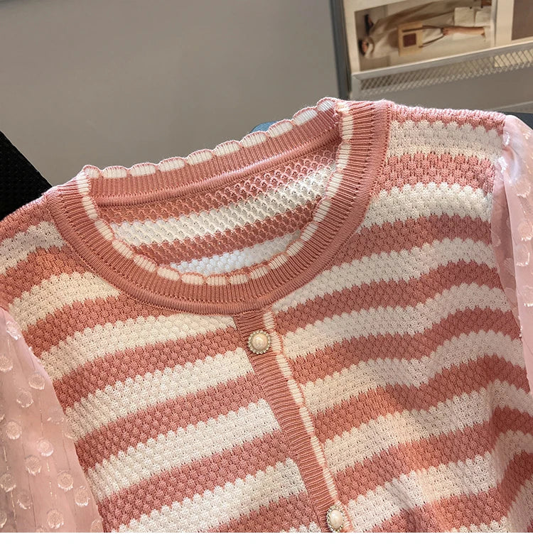 Hnewly  Striped knitted Sweater For Women's Spring Autumn French Elegant Round Neck Long Sleeved Patchwork Chiffon Loose All-Matched Top