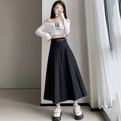 Hnewly  Womens Fashion High-Waisted Pleated Skirts Solid Color Versatile Large Swing Maxi Skirt Preppy Style A-Line Mid-Length Skirts