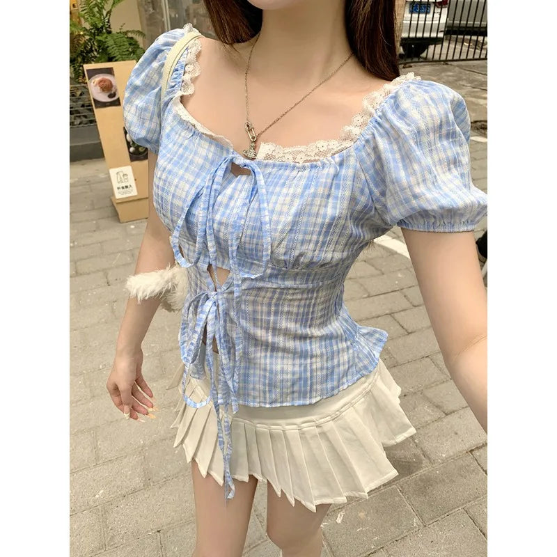 Hnewly  Blouse Women Sweet Elegant Plaid Lace Patchwork Bandage Puff Short Sleeve Crop Tops Square Collar Female Casual Shirts