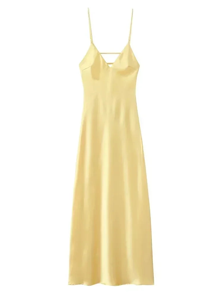 Hnewly Fashion Solid Stain Sling Maxi Vestido Chic Sleeveless Backless V Neck Off Shoulder Slim Dress 2025 New Summer Lady Evening Wear