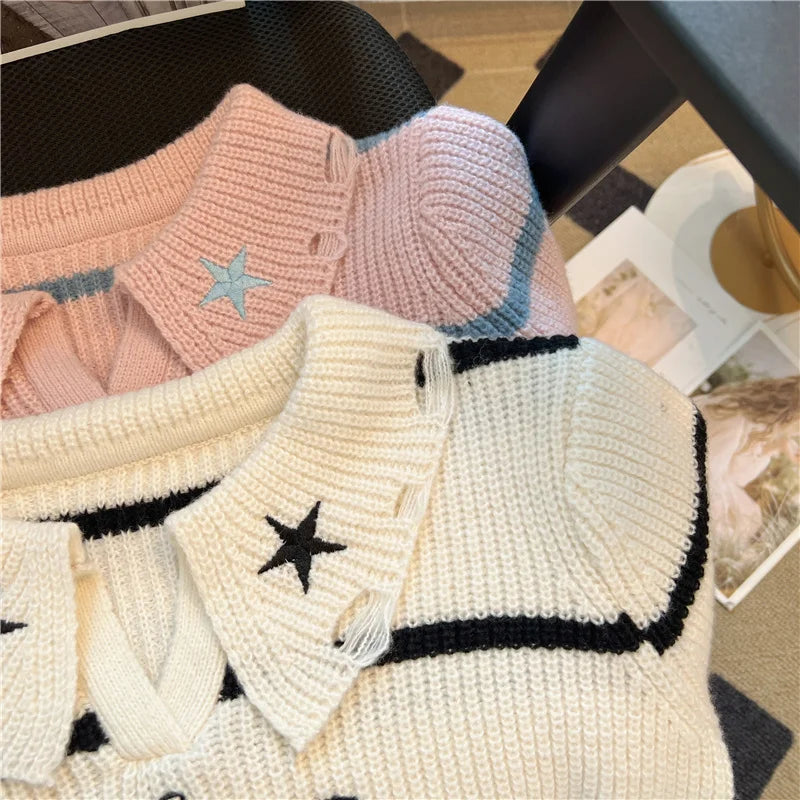 Hnewly  Short Sweater Women's Autumn Winter 2025 New Stripe Hollow Out Fashion Star Letter Knitwear Long Sleeve Top Thicked Pullover