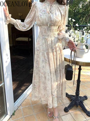 Hnewly  Floral Chiffon Dresses for Women Spring Autumn Elegant Long Dress Korean Fashion A-line Sweet Vestidos Mujer