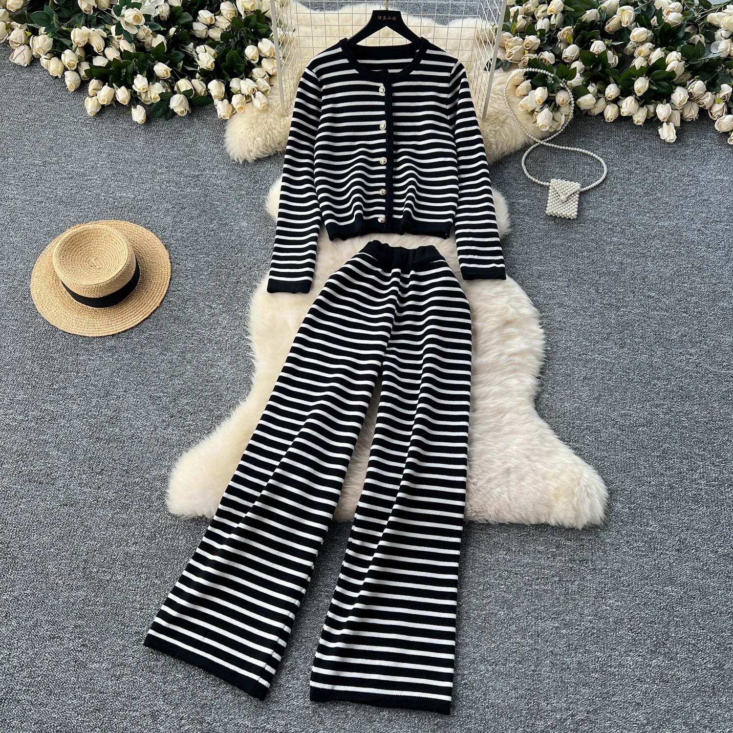 Hnewly  Elegant Knitted Set for Women's High End Versatile Round Neck Striped Knitted Cardigan+High Waist Casual Wide Leg Pants 2PCS