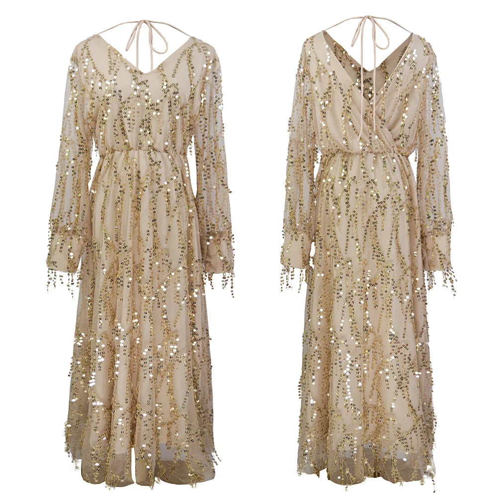 Hnewly  Elegant Sequin Maternity Dress Photoshoot Beige Long Sleeve V Neck Pregnancy Gown Vintage Maternity Photography Glitter Dresses