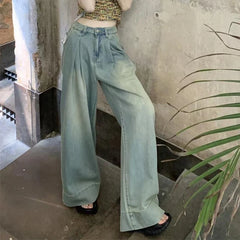 Hnewly  Retro Loose Folds Jeans for Women Spring Autumn Button High Waist Blue Straight Jeans Woman Pockets Wide Leg Pants Mujer