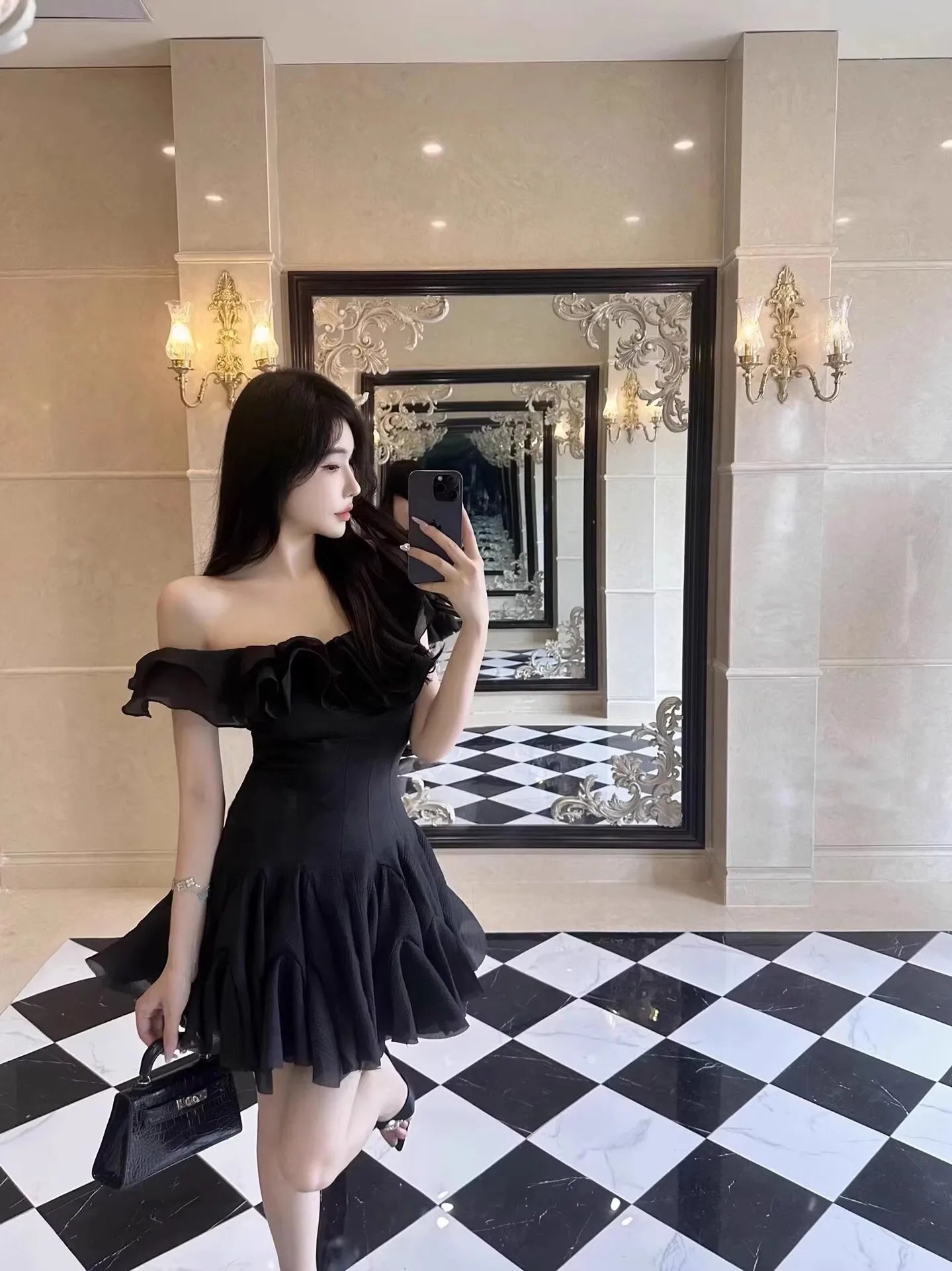 Hnewly Fashion Women Dress Sleeveless Slash Neck Solid Color Lotus Leaf Edge Design Female Party Dresses New Tide