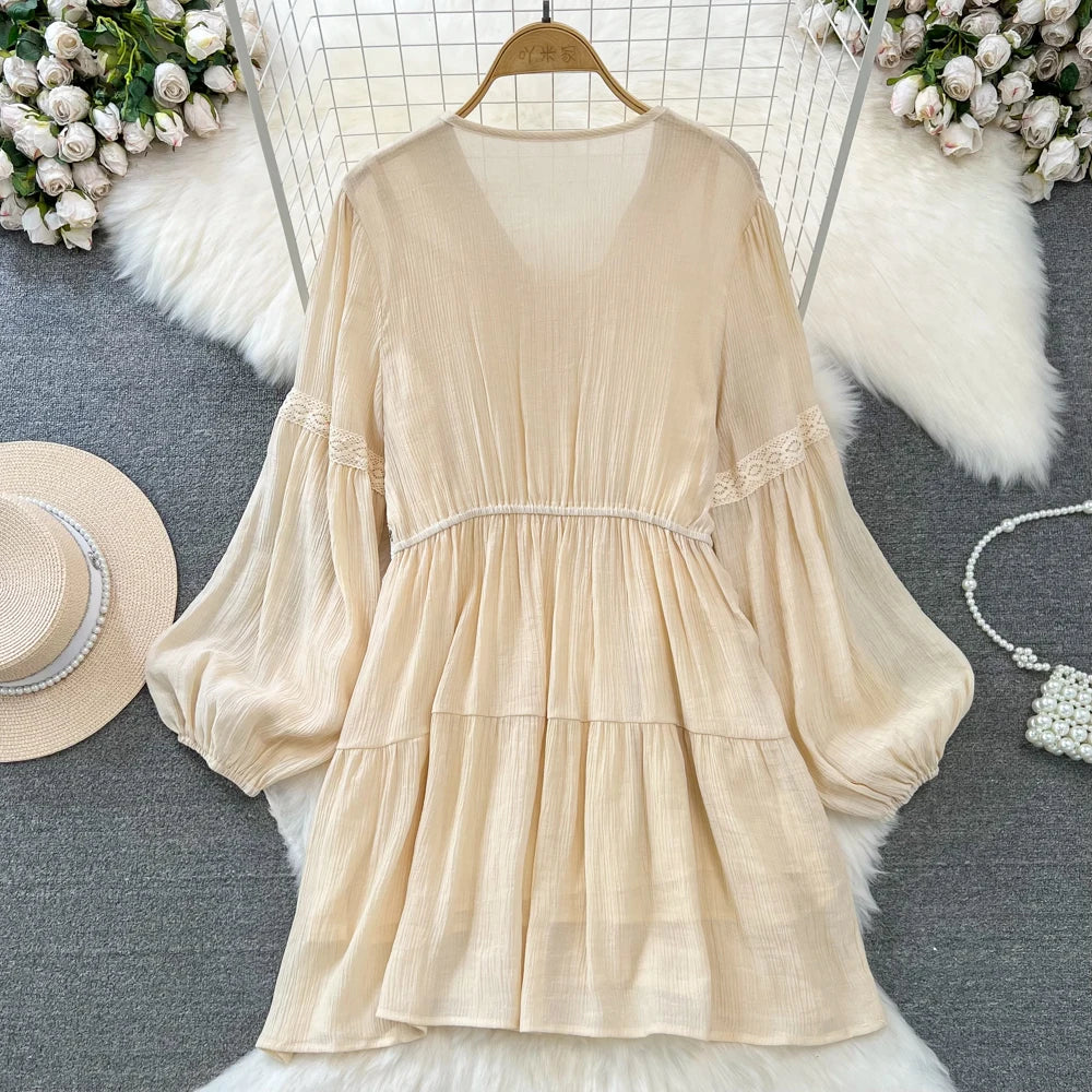 Hnewly  Tassel Patchwork V-neck Vacation Dress Sweet Lantern Sleeves Loose Mid Length A-line Dresses Elegant Embroidery Beach Vestido