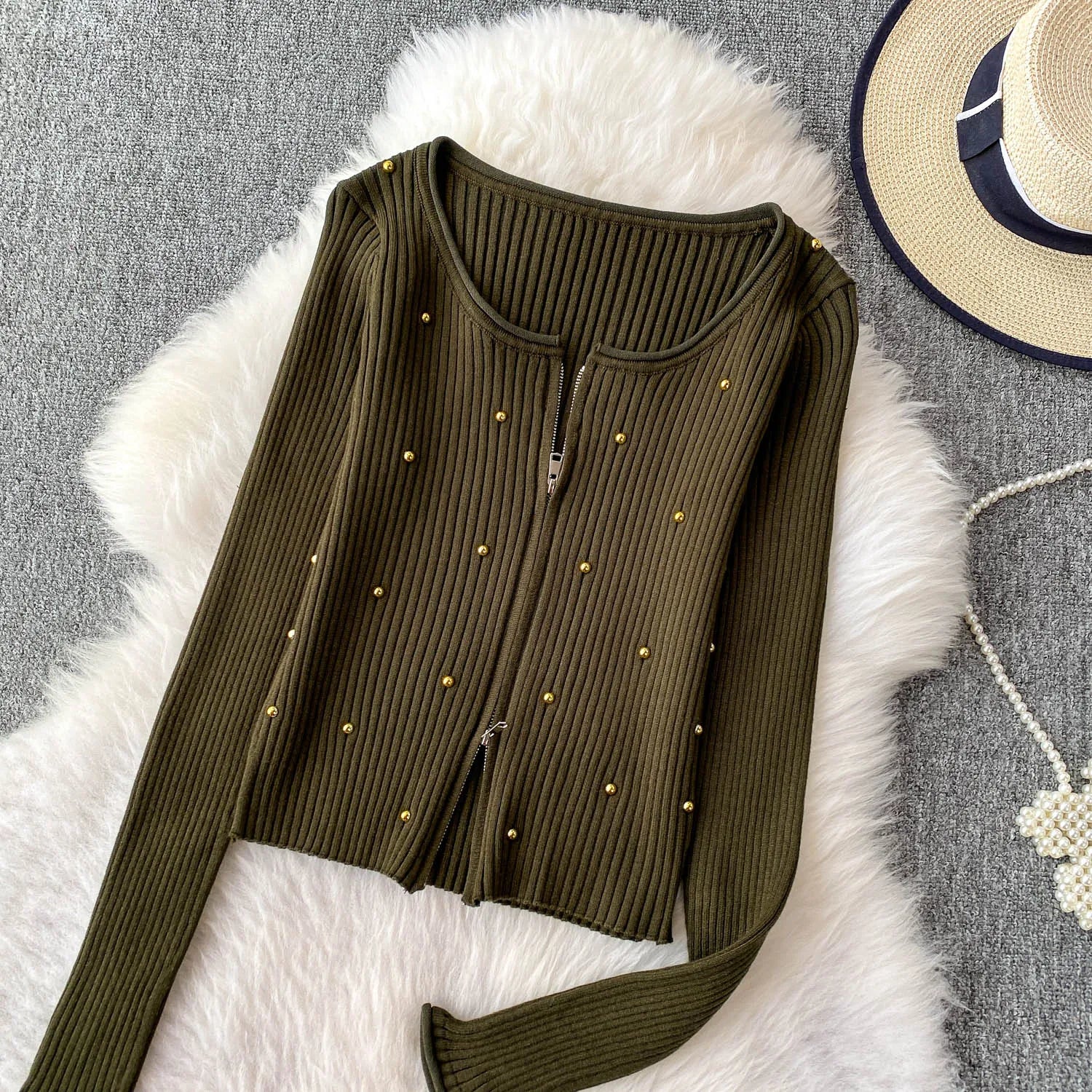 Hnewly  Beading Knitted Striped Zippered Sweater Cardigan Women's Spring Autumn O-Neck Top New Loose Harajuku Long Sleeved Outwear