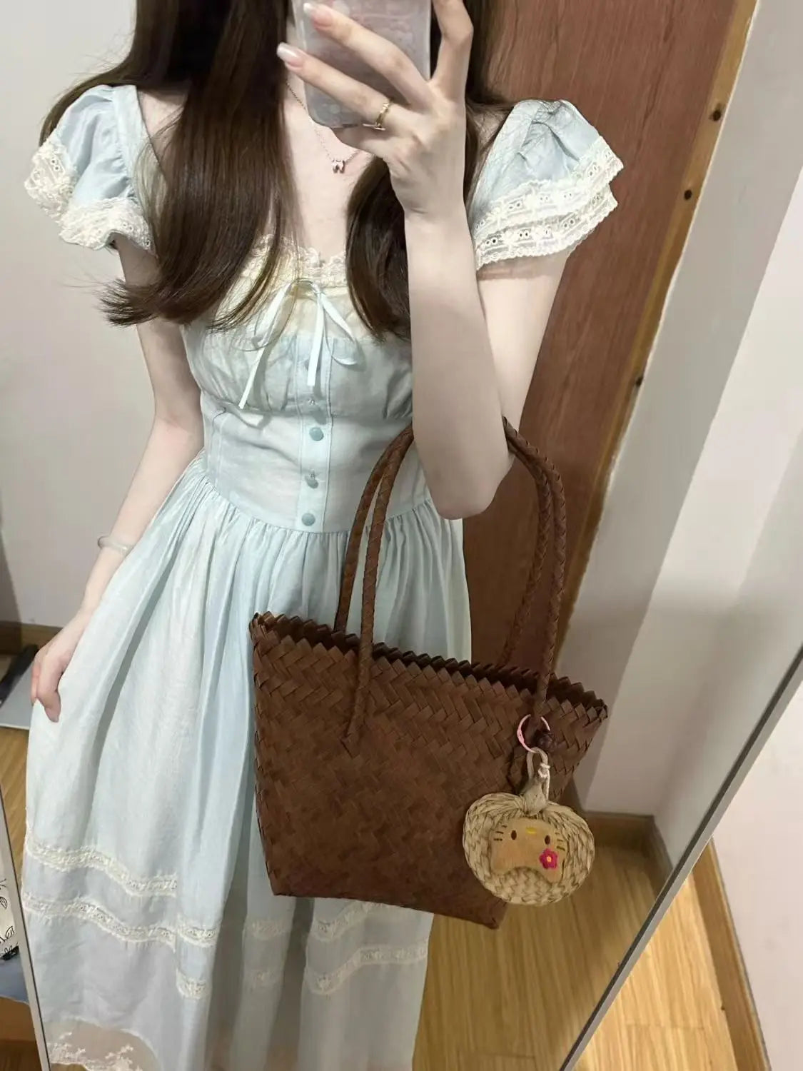 Hnewly  Summer Sweet Fly Sleeve Blue Bownot Fairy Dress Slim French Style Patchwork Lace Dress A-line Women Casual Dress