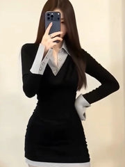 Hnewly  Sexy  Collar Color Block Short Dress Women's Slim Fit Wrap around Skirt Spring Autumn Winter Long Sleeve Breathable Skin ...