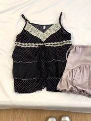 Hnewly  Vintage New Fashion Loose Sling Design Casual Lace Polka Dot Patchwork Vest Women Summer Thin V-neck Retro Hot Girl Tops