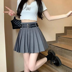 Hnewly  Preppy Style Double Belt Pleated Skirt Women Fashion All Match High Waist Short Skirts Woman Summer Y2K Loose Basic Skirt Female