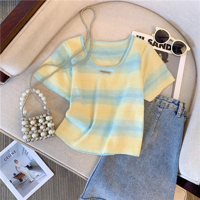 Hnewly  Contrast Striped T-shirt For Women's Summer Knitted Short Sleeved Tee  Cool Girls Fashion High Street Square Collar Short Top