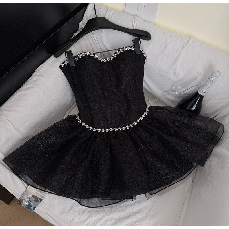 Hnewly  Sparkling Fishbone Corset Mini Dress Women Elegant Strapless Beads Rhinestone Back Lace-up Short Dress Evening Party Black Dress