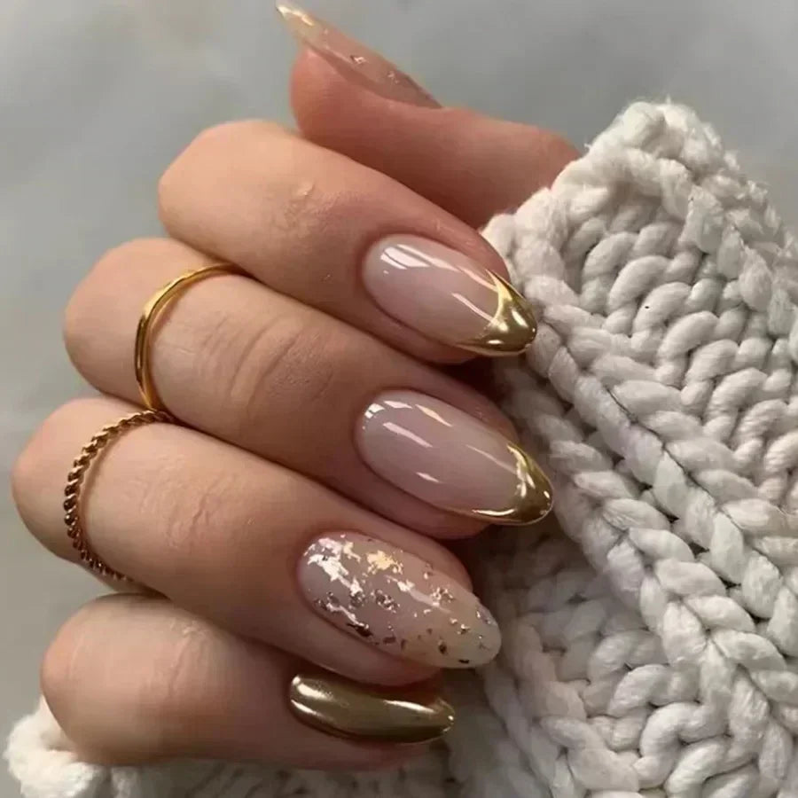 Hnewly 24Pcs French Gold Edge Wearable Almond Press on Fake Nails Simple Pearl Decoration False Nails with Glue Full Over Manicure Tips