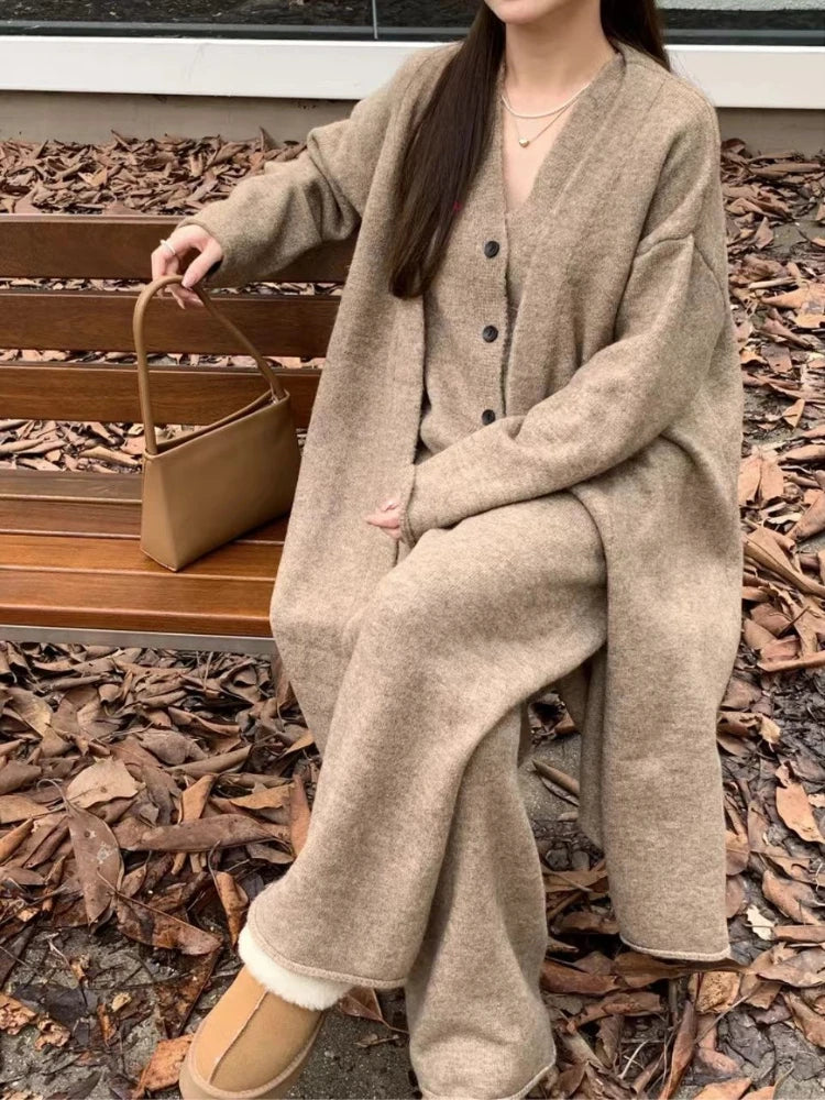 Hnewly Winter French Knitted Suits 3 Piece Set Women Casual Long Cardigan + Vintage Vest + Office Lady Long Pants Korean Fashion