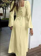 Hnewly  Autumn/winter Square Neck Long Sleeve Maxi Dress with Ruched Detail for Women, Vacation Long Sleeved Dress