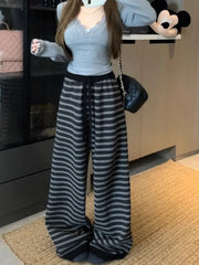Hnewly  Harajuku Fashion Stripe Wide Leg Trousers Vintage Grunge Loose Knitted Casual Pants Y2k Aesthetic Women Straight Long Pants