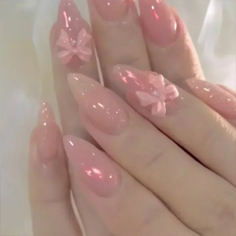 Hnewly 24Pcs White Almond False Nails Ballet with French Design Wearable Fake Nails Gradient Simple Full Cover Press on Nail Tips Art