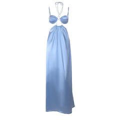 Hnewly  Sexy Satin Bikini Top Long Dress Women Hollow Out Halter Sleeveless Backless Beach Dresses Summer Lady Party Holiday Robes