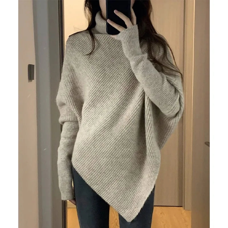 Hnewly  High Neck Irregular Sweater Women's Autumn Winter Korean Version Loose Soft Knitted Top Elegant Long Sleeved Pullover
