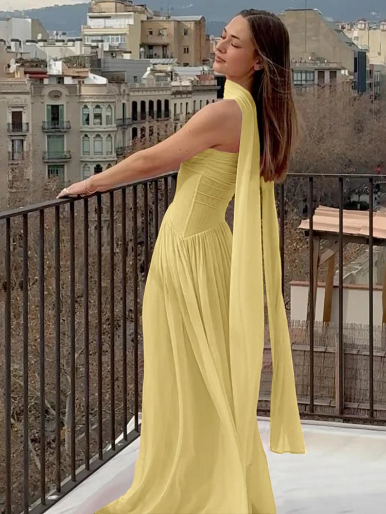 Hnewly Mesh Patchwork Maxi Dress Women Solid Scarf+Sexy Backless Strapless Ruffles Midnight Banquet Party Elegant Outfits