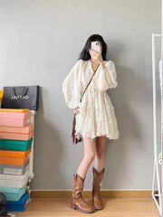 Hnewly  Sweet White Chiffon Long Sleeve V-Neck Waisted Dress  vestido de noiva princesa luxo robe blanche Wedding Prom Dress