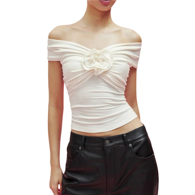 Hnewly y2k Clothes 2000s Crop Top Summer Women Contrast/Solid Color Off Shoulder Sleeveless T Shirt with 3D Flower Streetwear