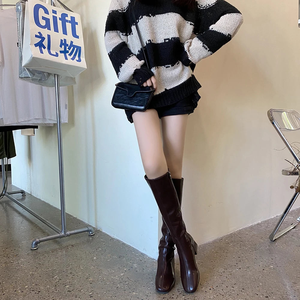 Hnewly Knee-length Boots Women Women's Rubber Shoes Sexy Square Heel Thigh High Heels Luxury Winter Heeled Booties Black