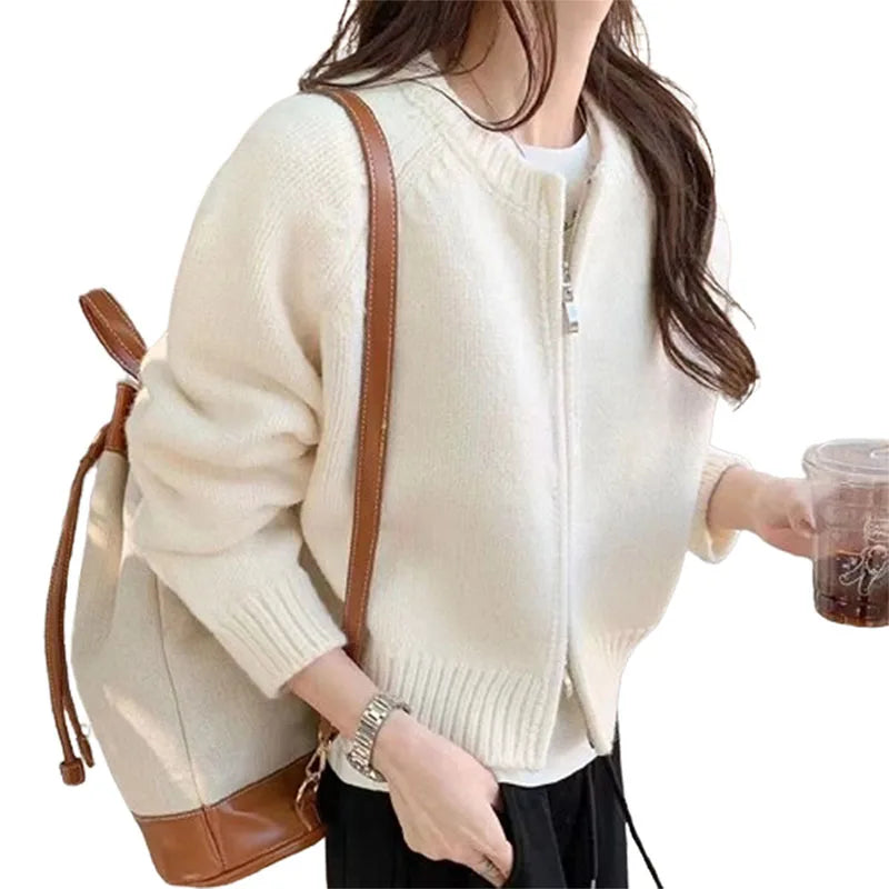 Hnewly Sweater y2k Clothes Women Soft Warm Solid Color Round Neck Zip Up Long Sleeve Knitted Tops 2000s Clothing Streetwear