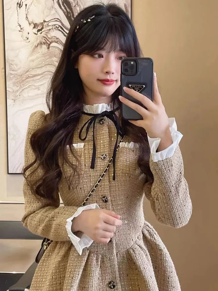 Hnewly Slim Waist Korean Style Women Dress New Ruffled Bow Single Breasted Fashion Female Mini Dresses Sweet Elegant Streetwear