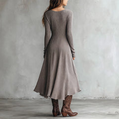 Hnewly  Women's Simple Basic Lightweight Long Sleeve V-neck Long Dress Fashion Korean Style Daily Elastic Soft and Comfortable Skirt