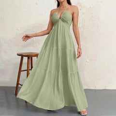 Hnewly  Ladies' Korean Style Temperment Sexy High Waist Maxi Sling Dress Chic Solid Color V-neck Beach Pleated Long A-line Skirt