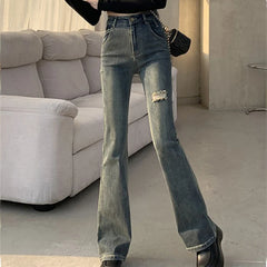 Hnewly  Streetwear Blue Ripped Jeans for Women Spring Autumn Chic High Waist Bell Bottom Jeans Woman Slim Fit Button Trousers Ladies