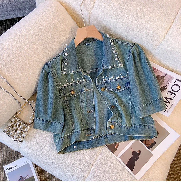 Hnewly  Sweet Nail Bead Short Sleeved Denim Jacket Women Summer Thin Style 2025 New Casual Single Breasted Shirt  Turndown Collar Top