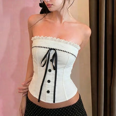 Lunivop  French Sweet Spice Girl Summer Strapless Camisole Y2k Spliced Lace Edge Constrast Color Bow Tank Tops Punk Women Streetwear