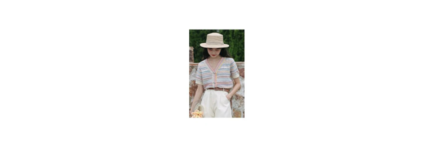 Hnewly Rainbow Striped Knitted Sweater For Women's 2025 Summer New  Thin Short Sleeved V-neck Hollow Out Holiday Sun Protection Top
